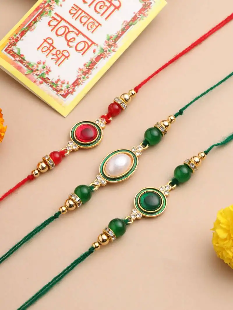 set of 3 multicolor artificial beads & pearls thread rakhi with roli chawal chandan & mishri