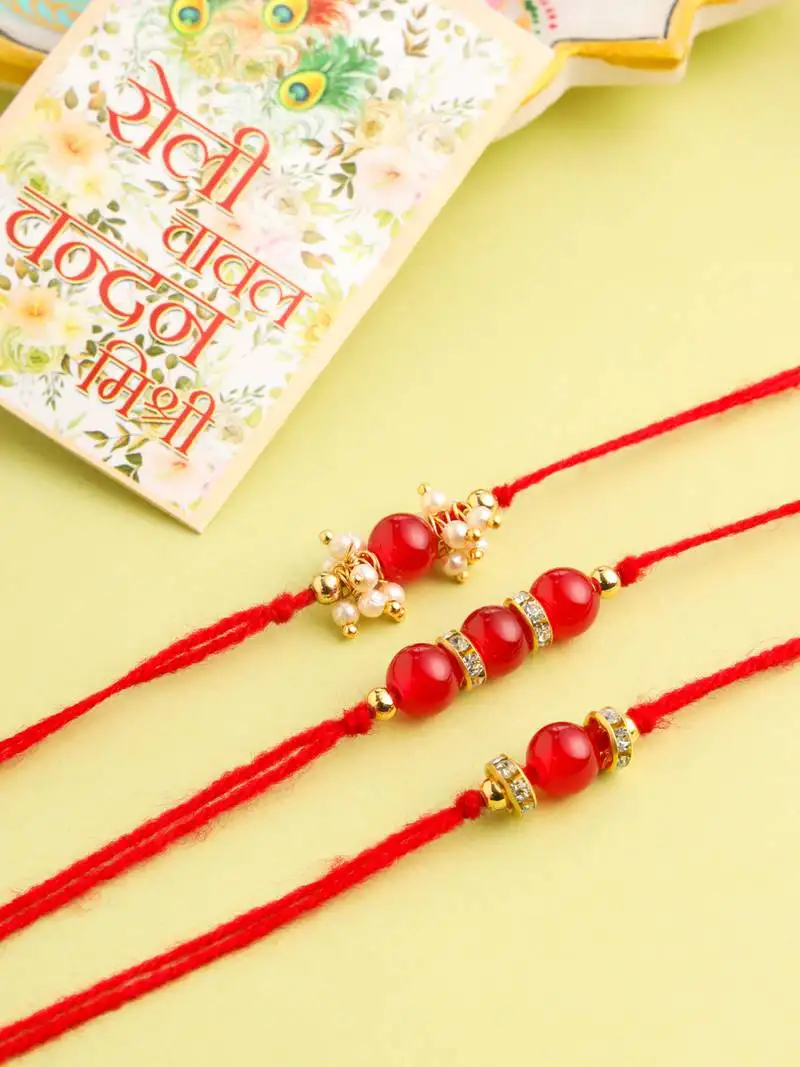 set of 3 red artificial beads & pearls thread rakhi with roli chawal chandan & mishri