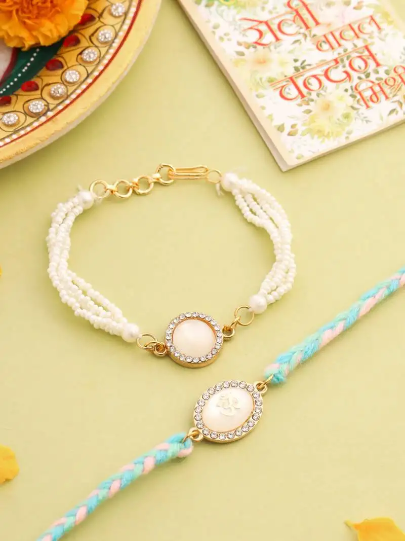 set of 2 white pearls & artificial beads bhaiya bhabhi rakhi with roli chawal chandan & mishri