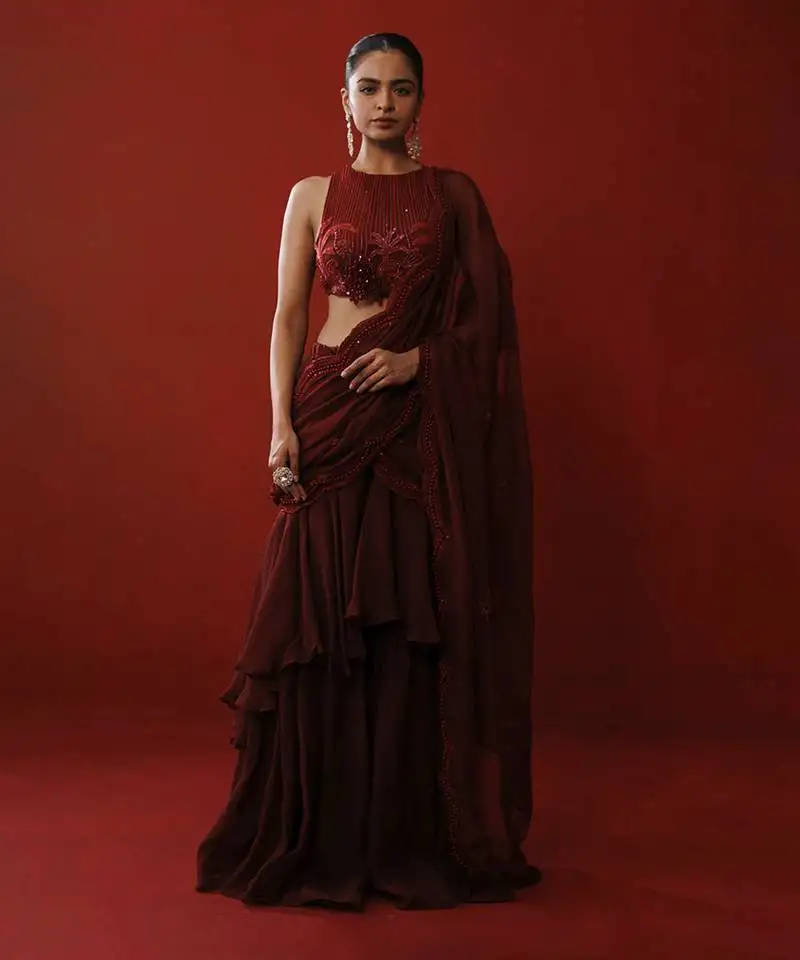 Maroon ruffle saree set