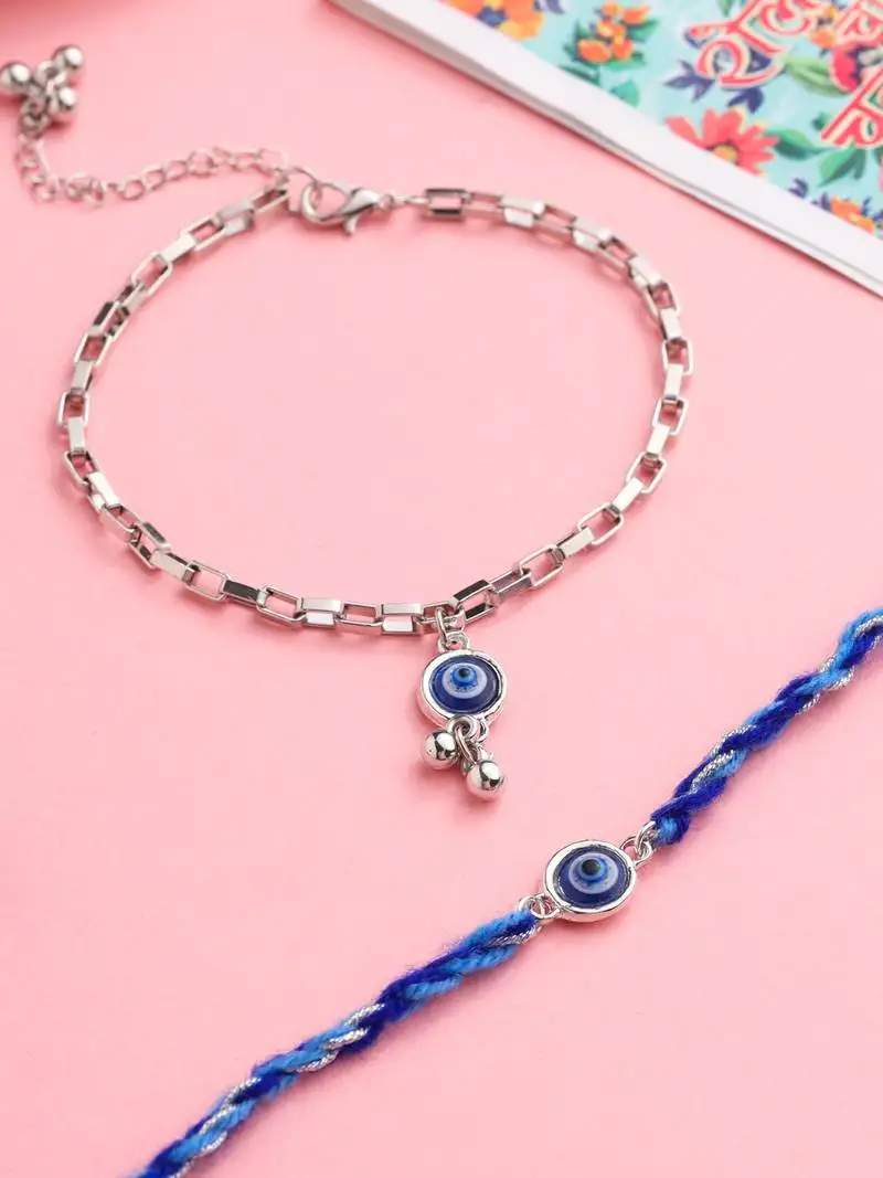 set of 2 blue evil eye bhaiya bhabhi rakhi with roli chawal chandan & mishri