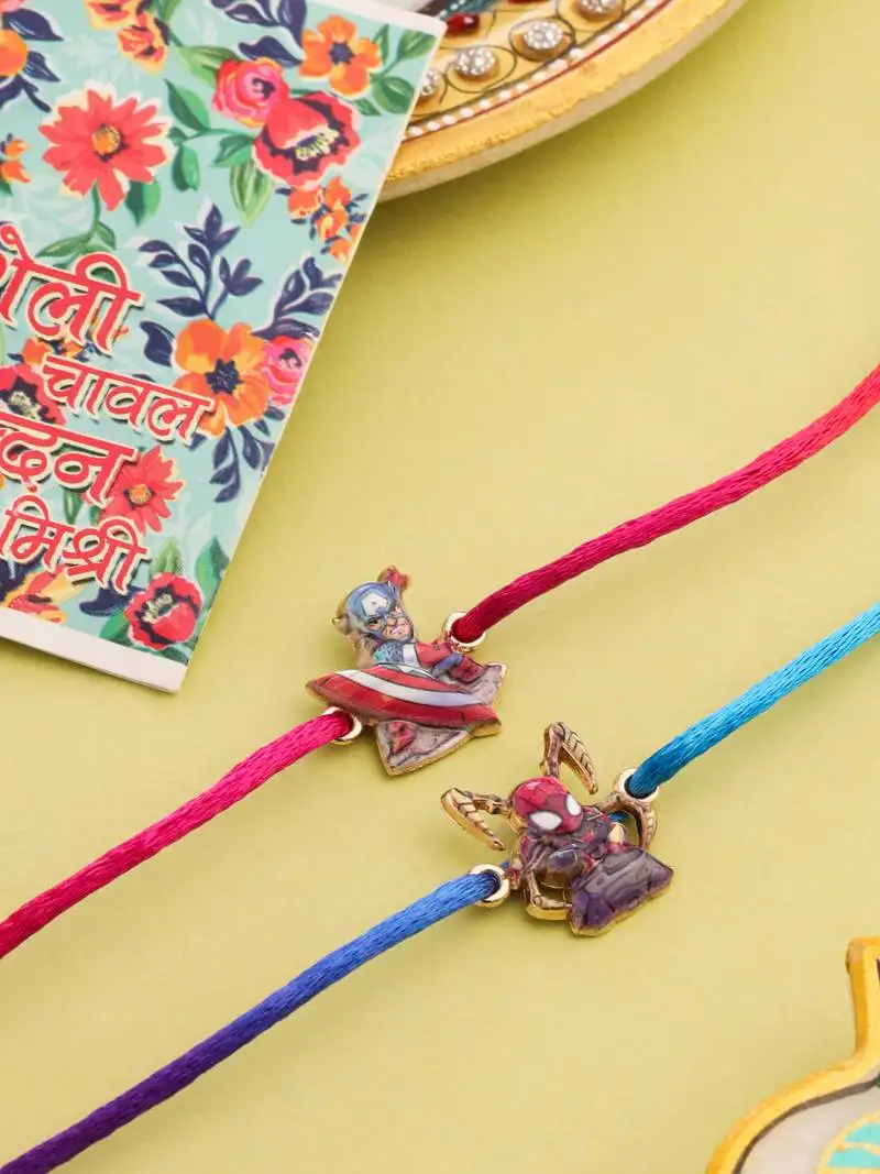 kids set of 2 cartoon character purple & red thread rakhi with roli chawal chandan & mishri