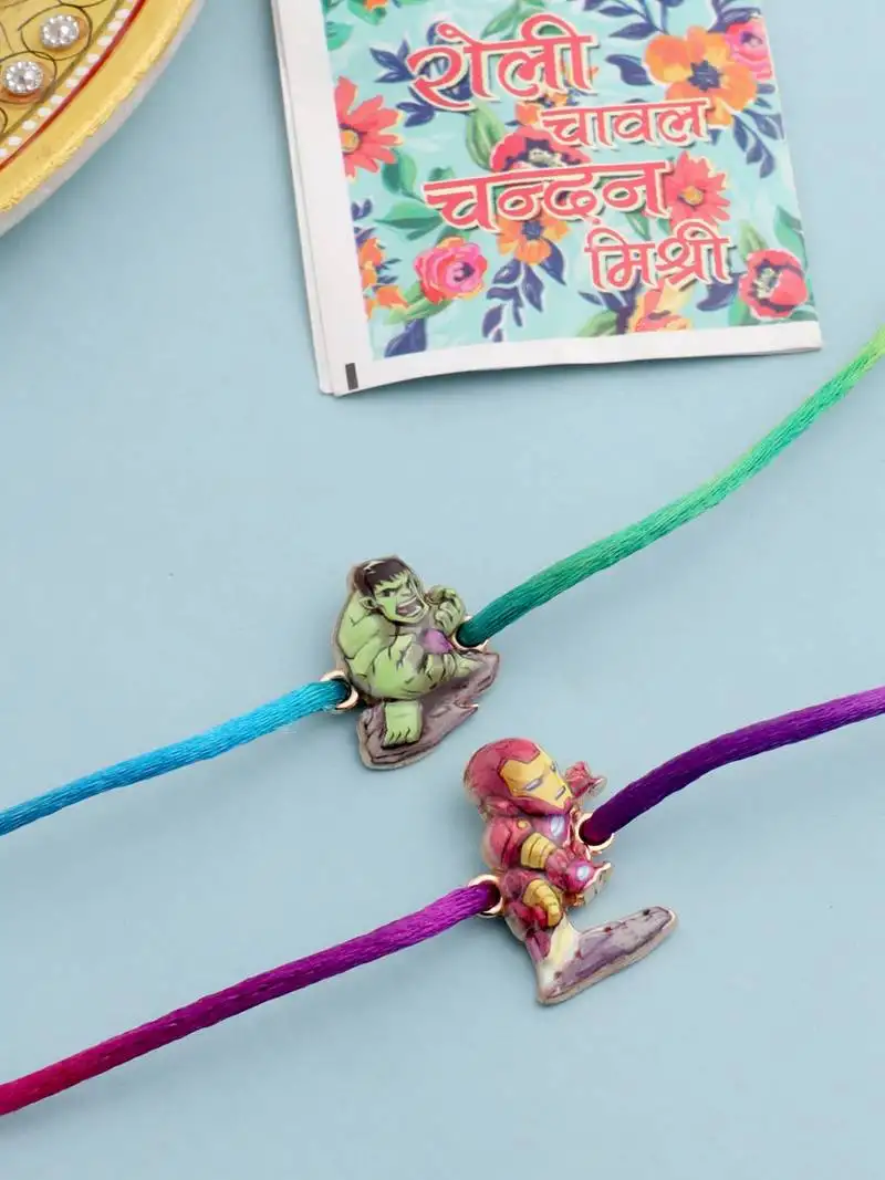 kids set of 2 cartoon design multicolor thread rakhi with roli chawal chandan & mishri