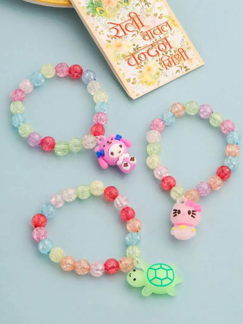 kids set of 3 cartoon design artificial beads thread rakhi with roli chawal chandan & mishri