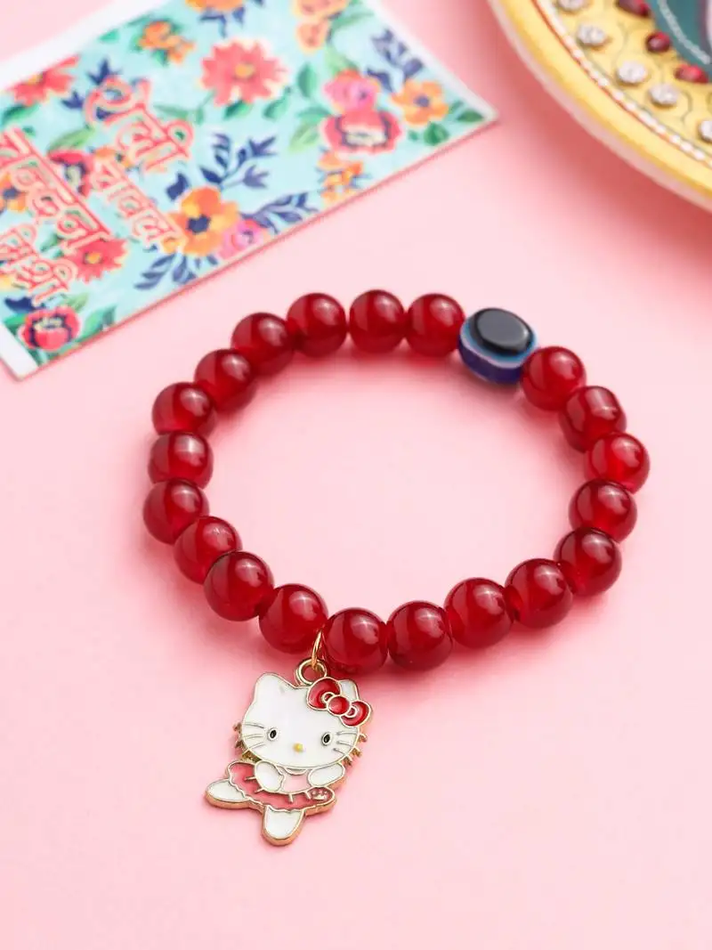 Kids cartoon design maroon artificial beads thread rakhi with roli chawal chandan & mishri