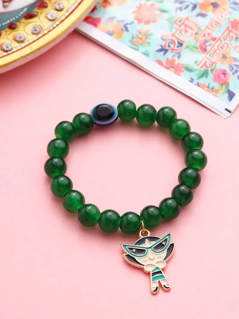 Kids cartoon design green artificial beads thread rakhi with roli chawal chandan & mishri