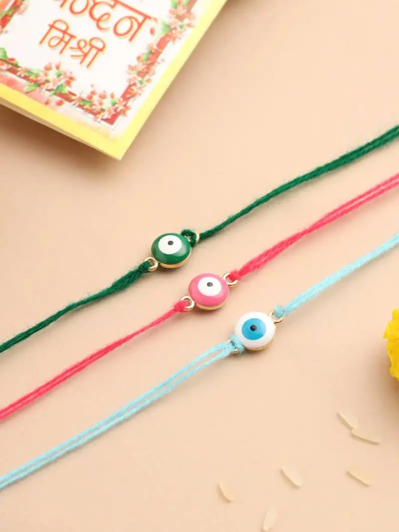 Set of 3 multicolor evil eye thread rakhi with roli chawal chandan & mishri