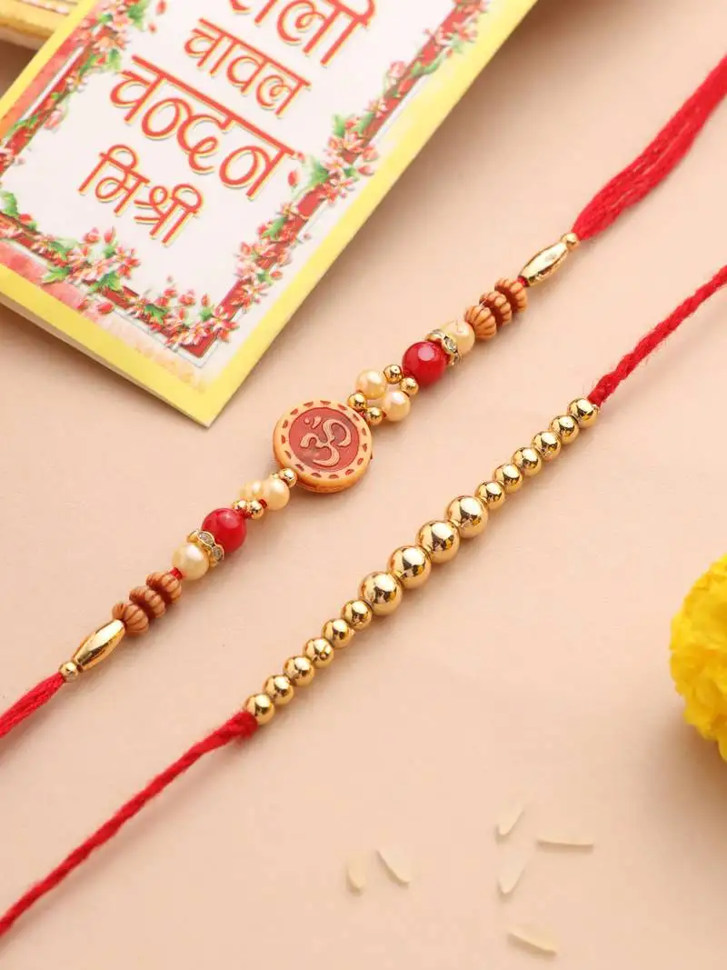 Set of 2 red religious thread rakhi with roli chawal chandan & mishri