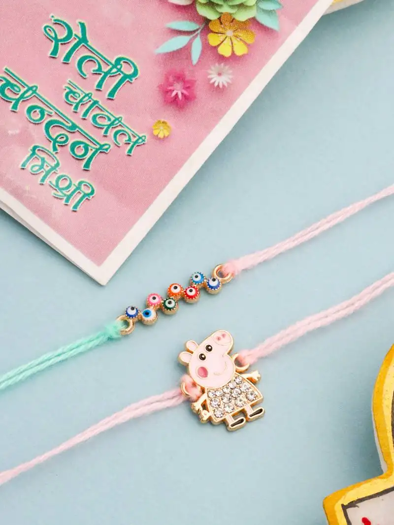 kids set of 2 cartoon artificial stones thread rakhi with roli chawal chandan & mishri
