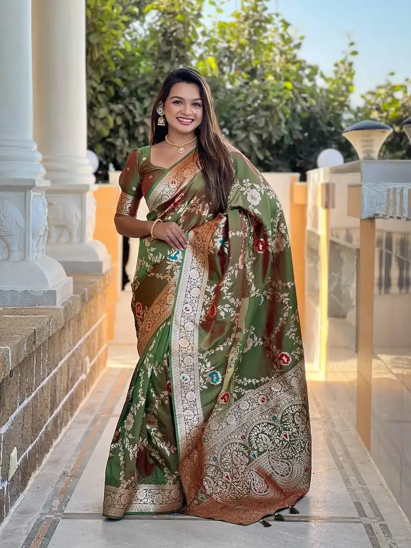 Mehendi soft banarasi silk blend meenakari weaving saree with unstitched blouse