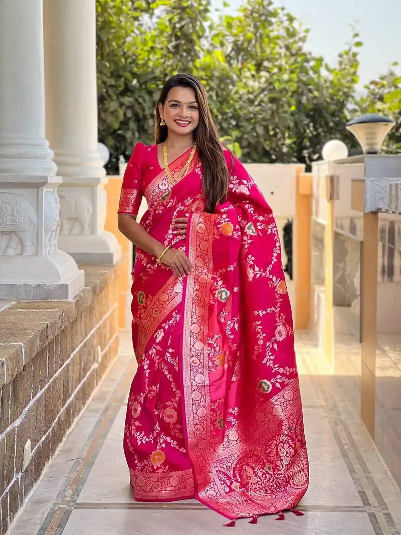 Ranipink soft banarasi silk blend meenakari weaving saree with unstitched blouse
