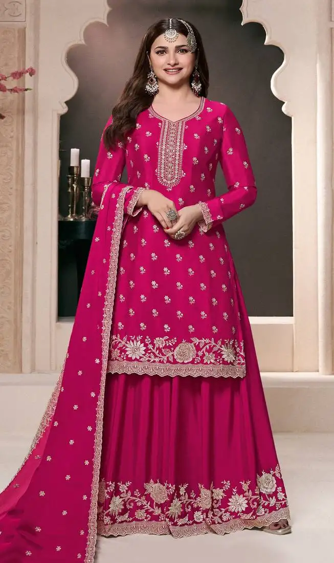 Pink embroidered chinon semi-palazzo style salwar suit semi stitched