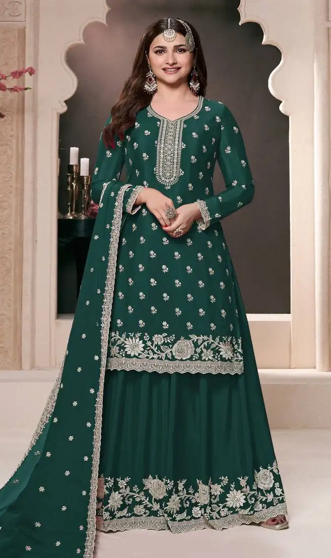 Teal green embroidered chinon semi-palazzo style salwar suit semi stitched