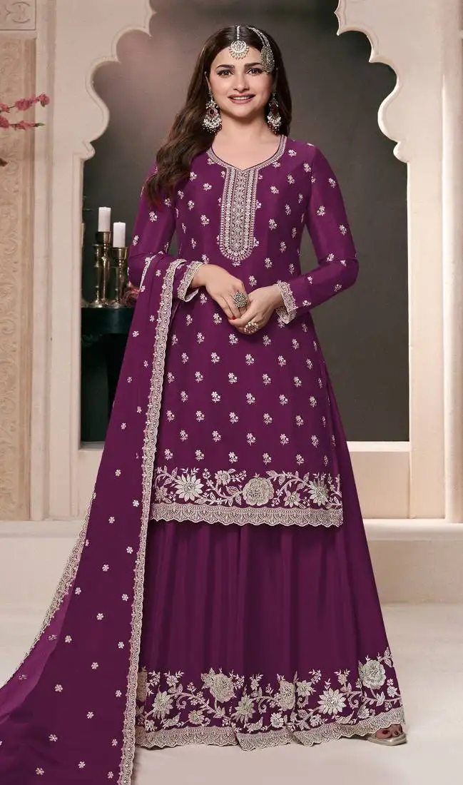 Purple embroidered chinon semi-palazzo style salwar suit semi stitched