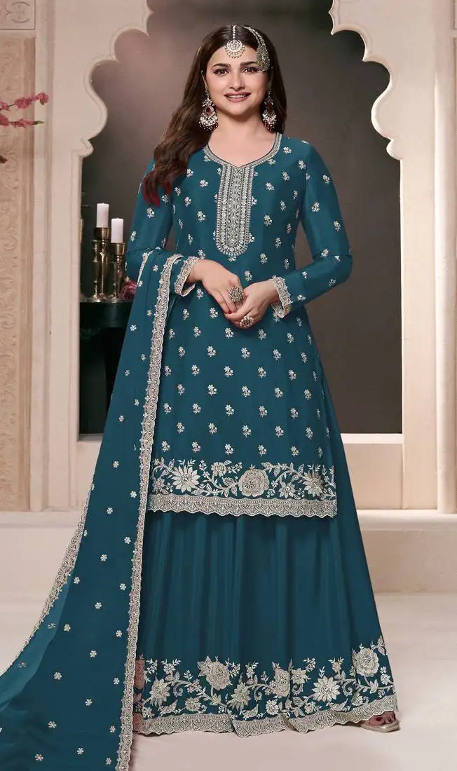 Blue embroidered chinon semi-palazzo style salwar suit semi stitched