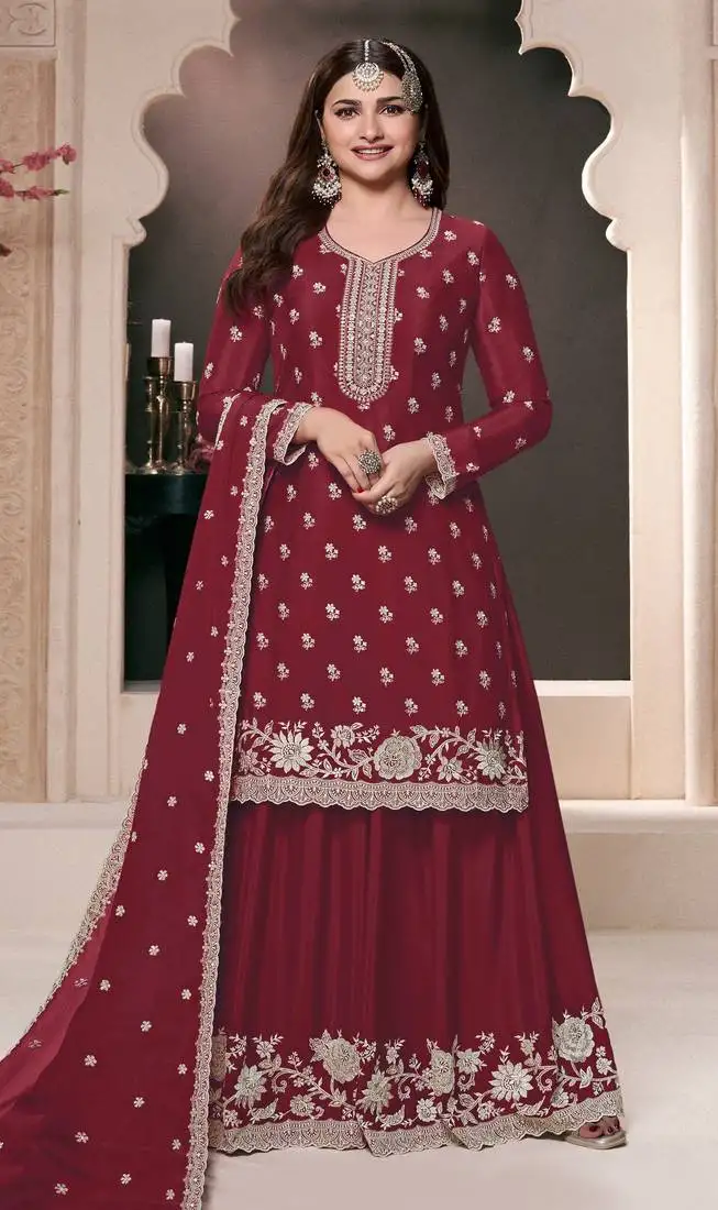 Maroon embroidered chinon semi-palazzo style salwar suit semi stitched