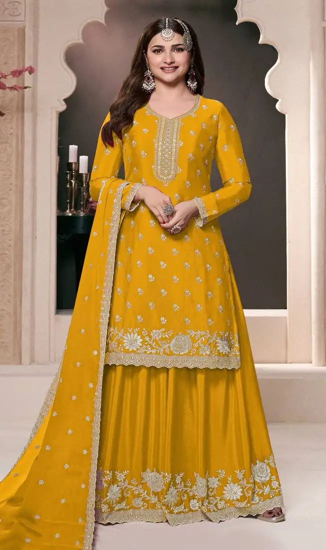 Yellow embroidered chinon semi-palazzo style salwar suit semi stitched