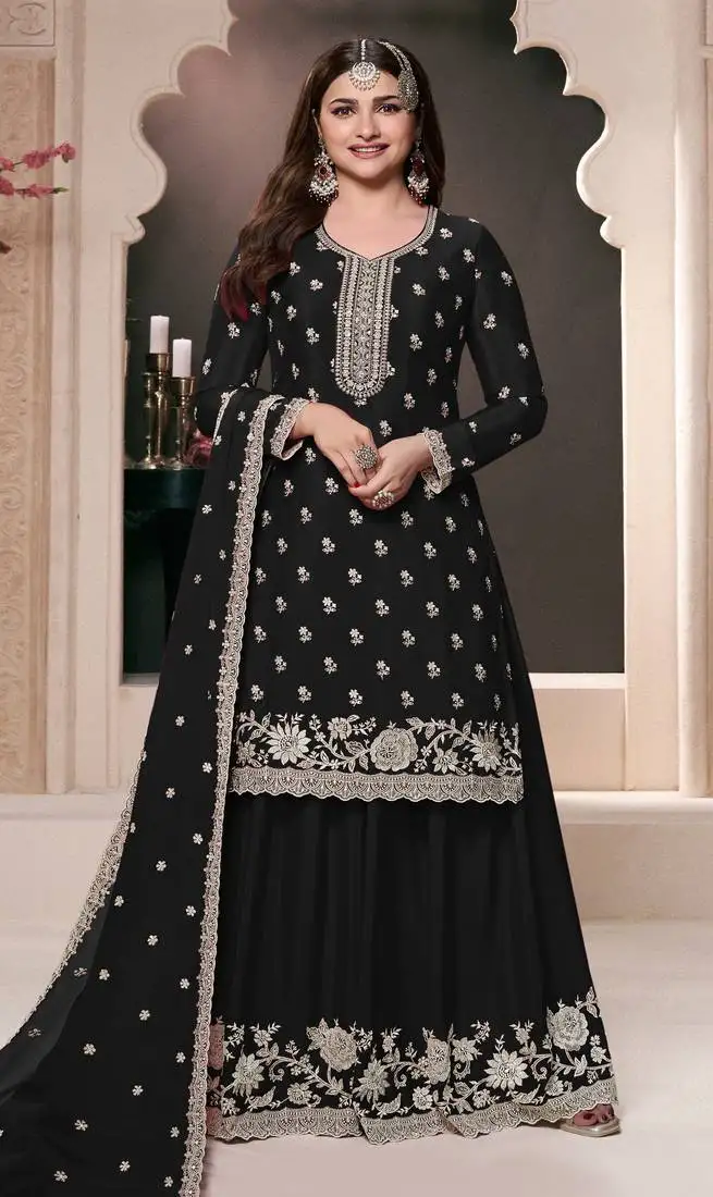 Black embroidered chinon semi-palazzo style salwar suit semi stitched