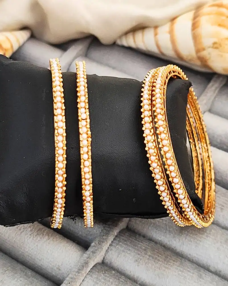 Traditional gold plated pearl bangles set for women, premium quality imitation bangle (set of 4)
