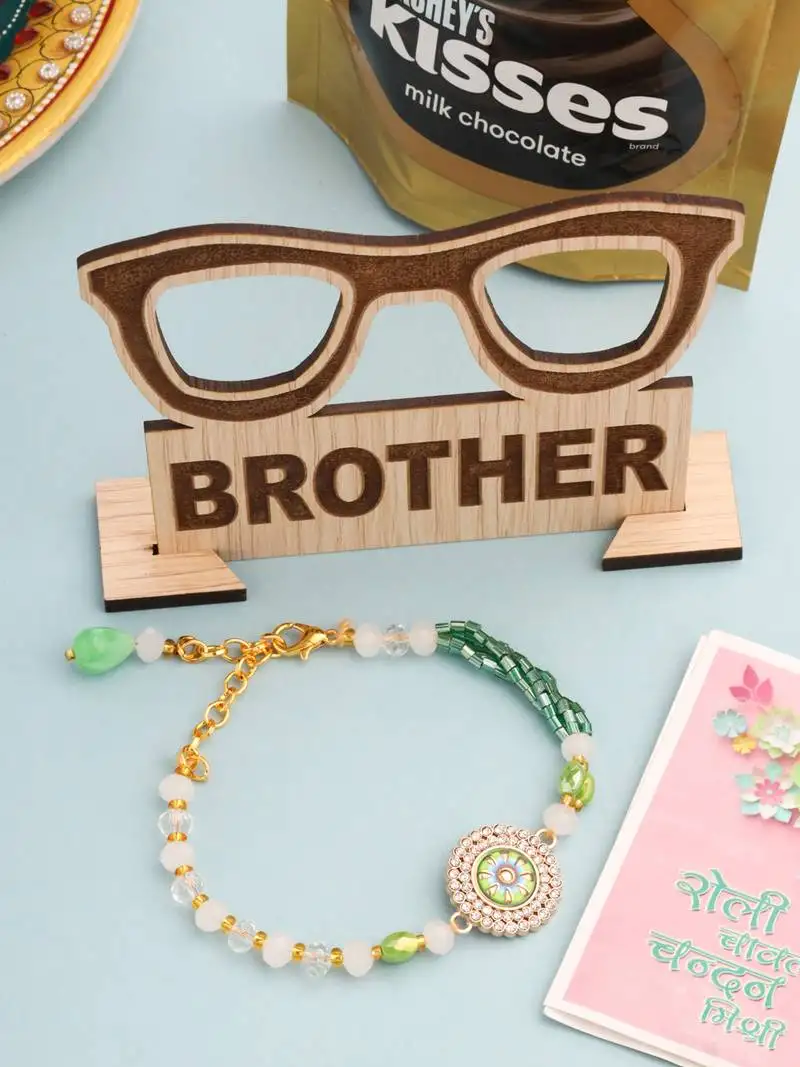 Women green artificial stones & beads floral wraparound rakhi, combo for rakshabandhan