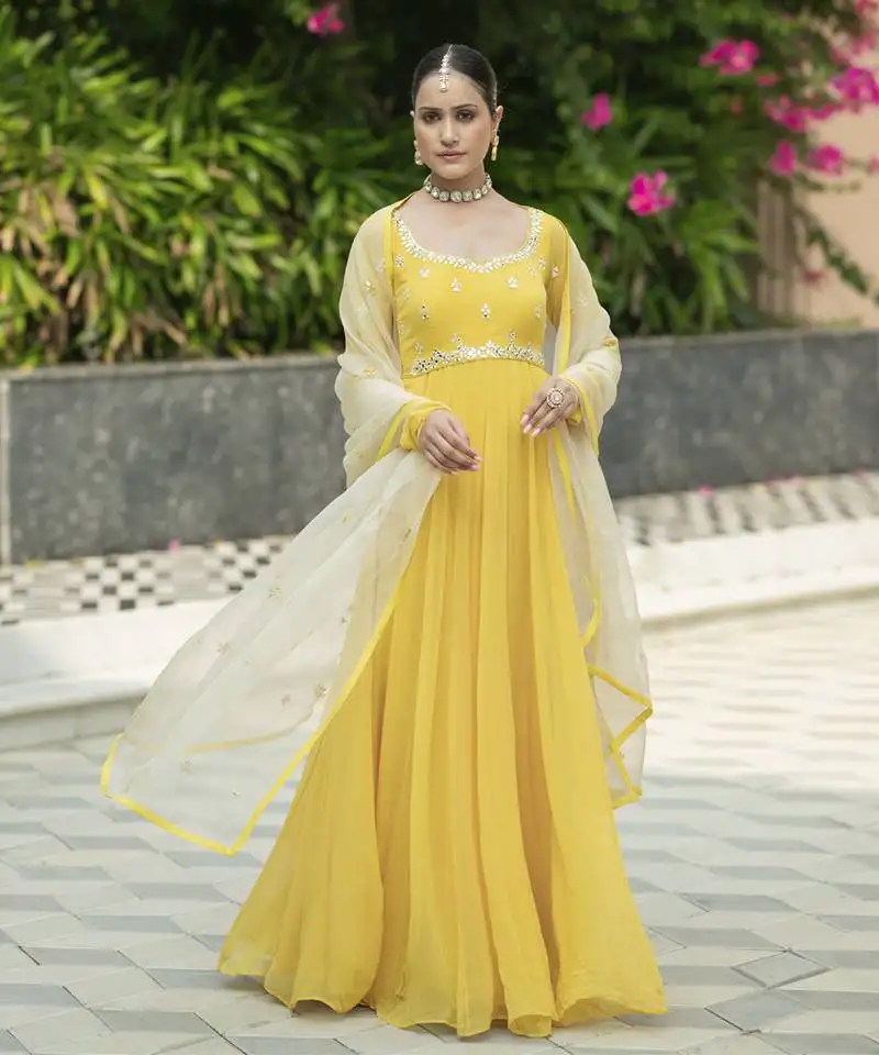 Yellow embroidered anarkali set