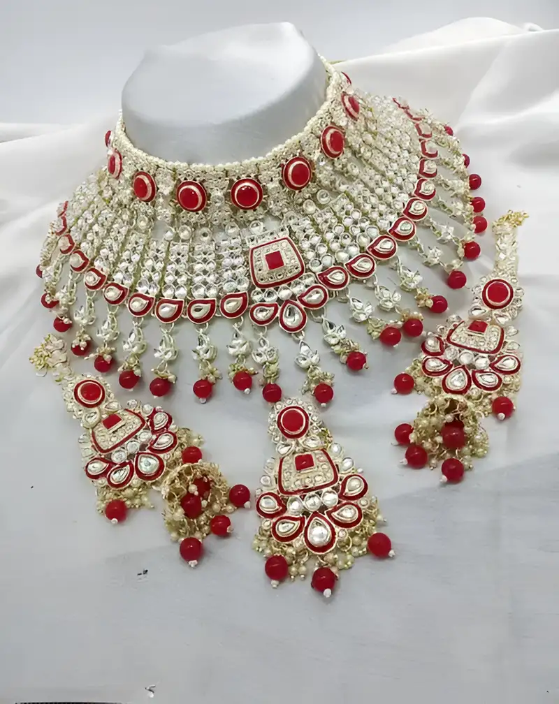 Royal ruby red kundan choker necklace set bridal polki jewelry with pearl for wedding, karwa chauth & festive occasions