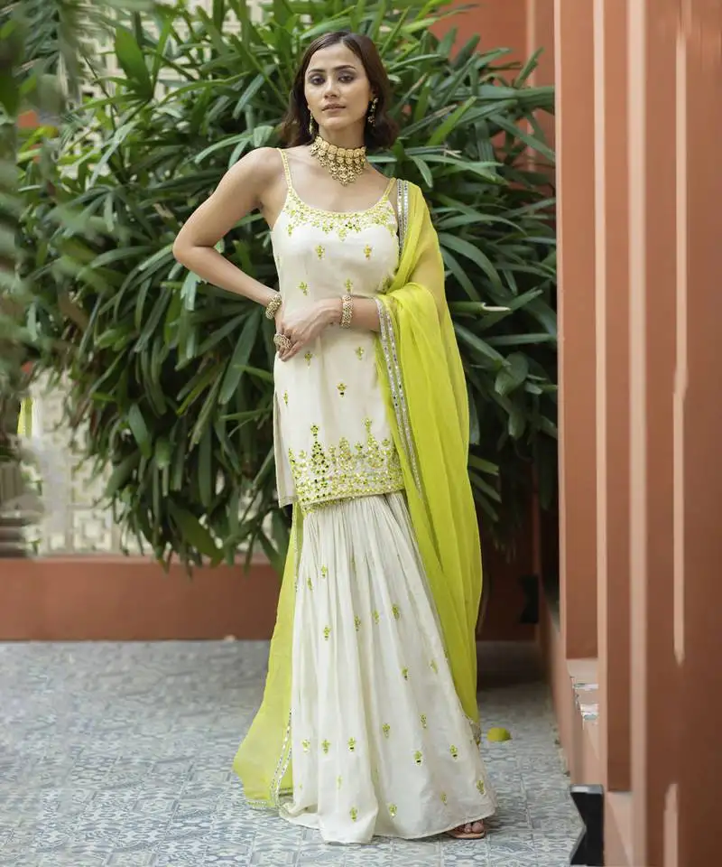 Offwhite green embroidered sharara set