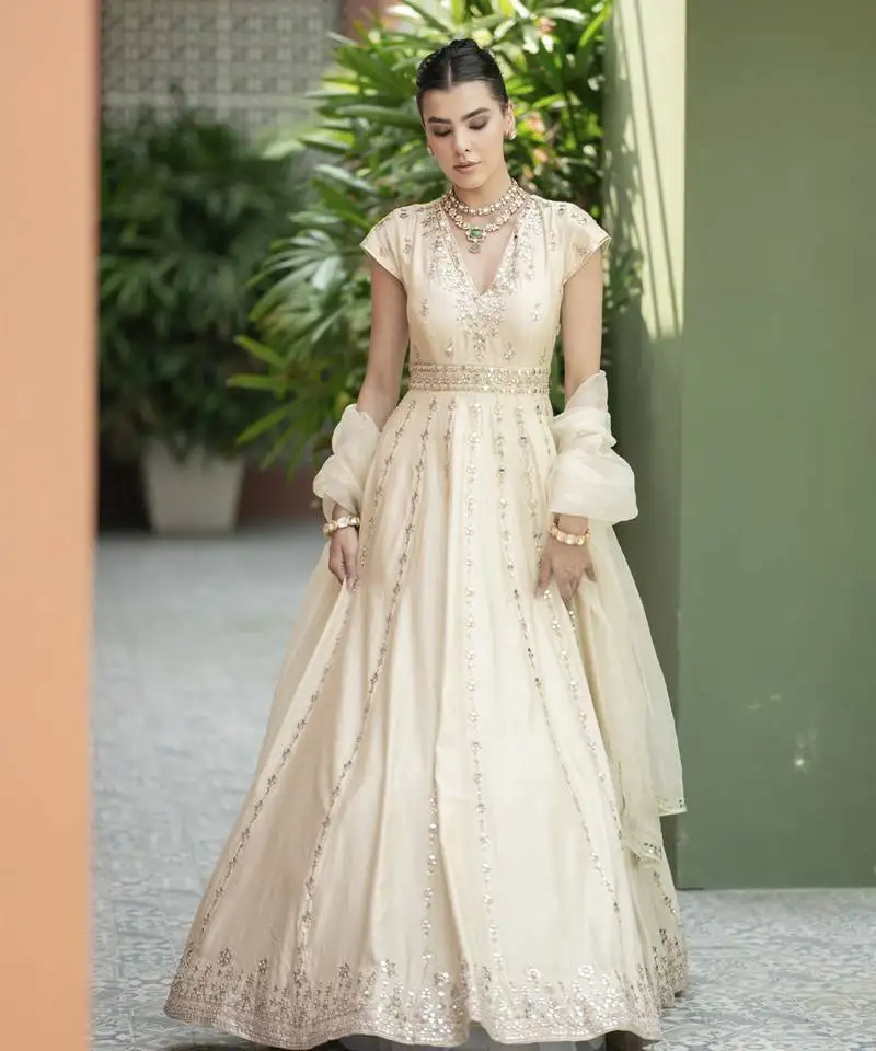 Offwhite mirror embroidered anarkali set