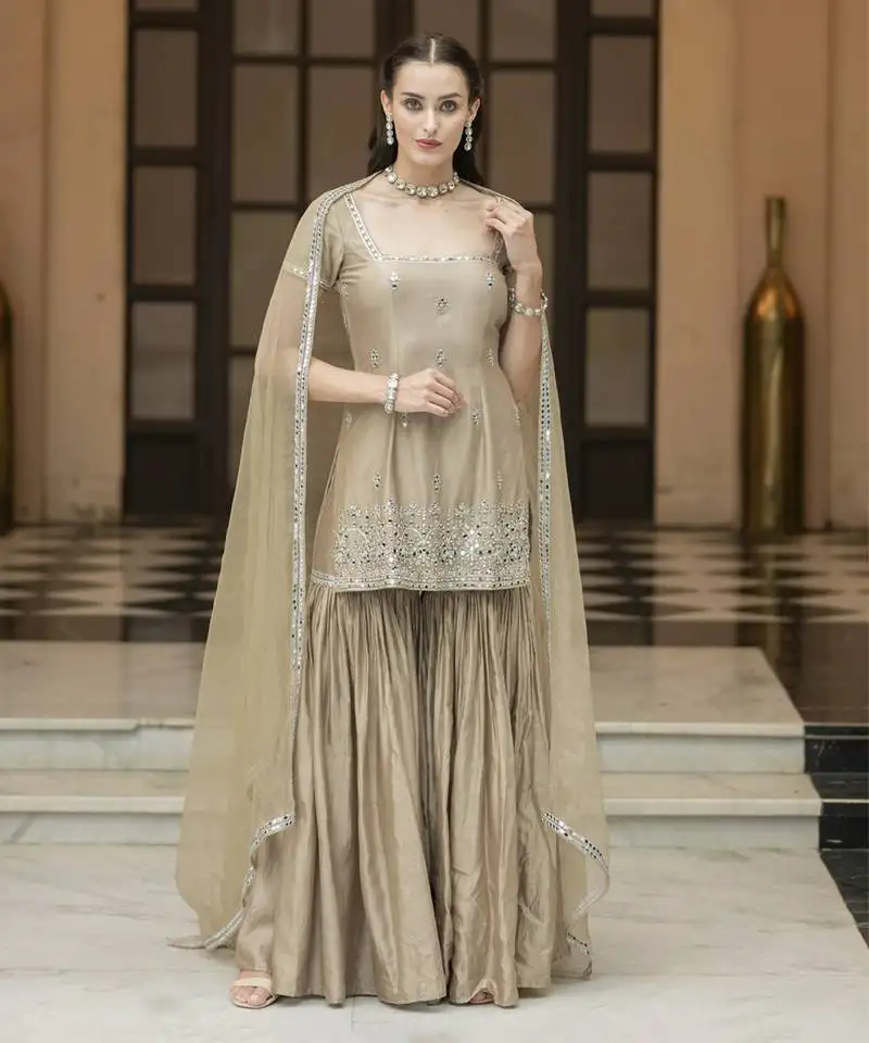 Brown embroidered sharara set