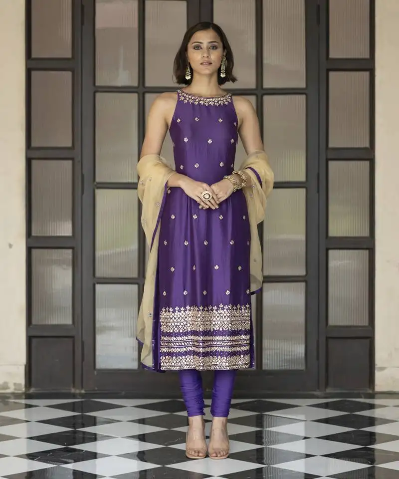 Purple embroidered churidar set