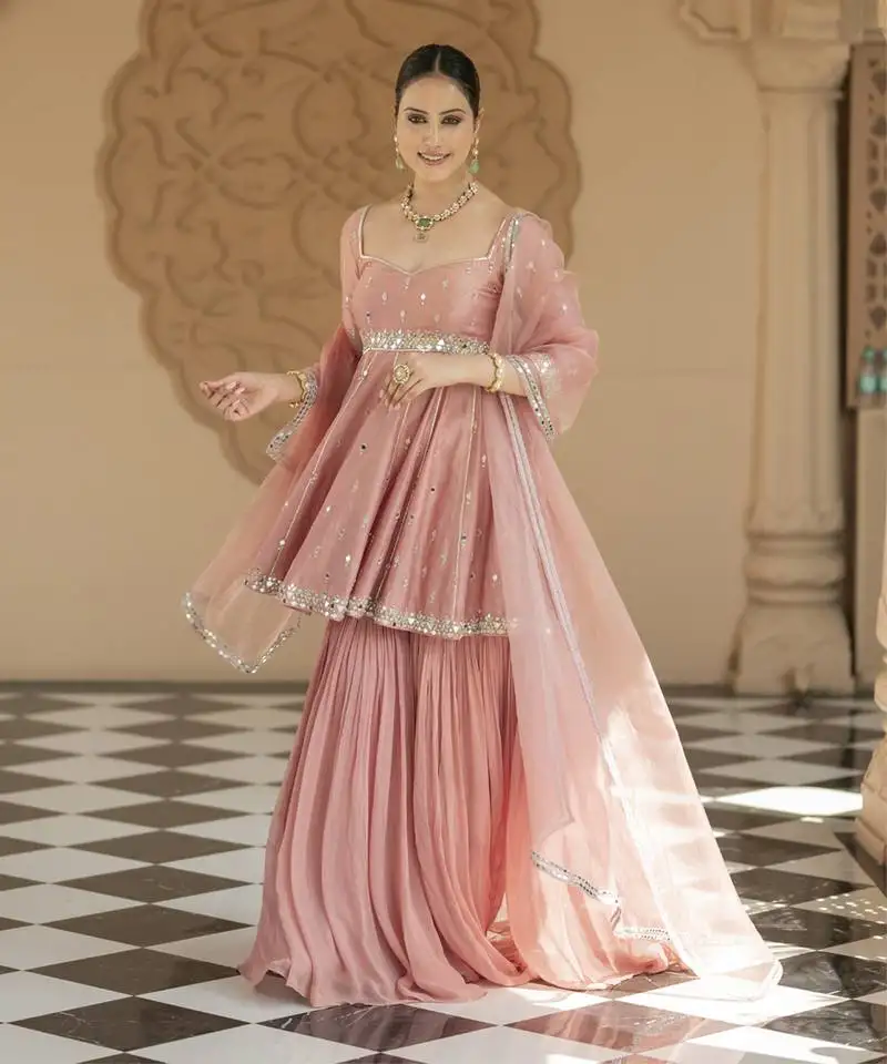 Pink embroidered sharara set