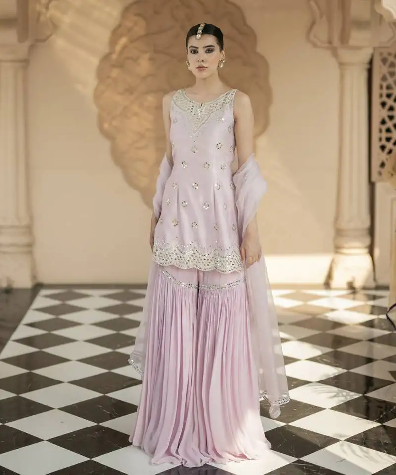 Lilac embroidered sharara set
