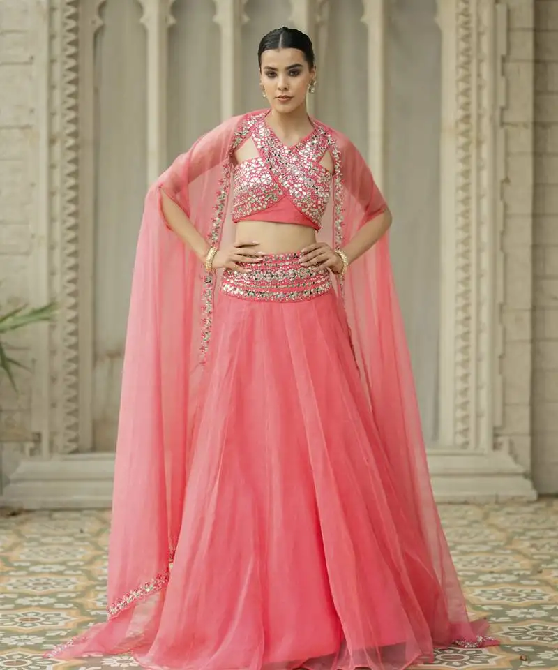Pink mirror embroidered organza lehenga set and cape