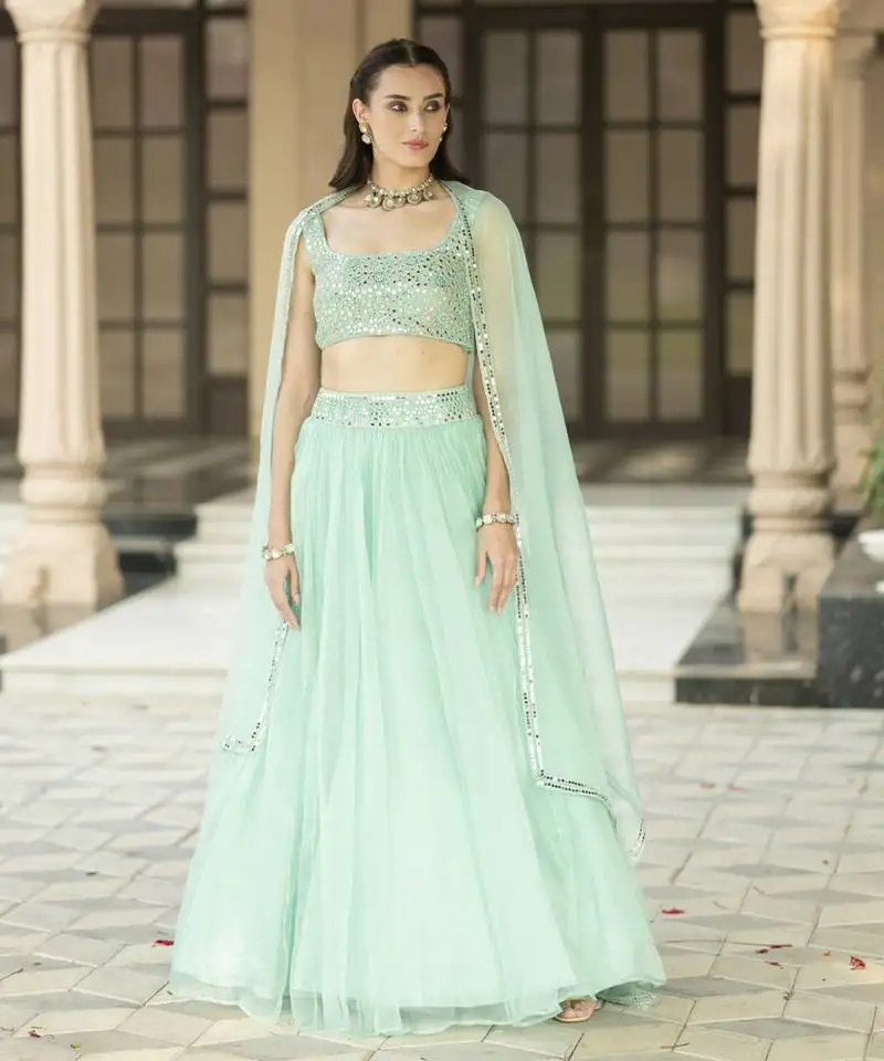 Aqua blue mirror embroidered organza lehenga set and cape