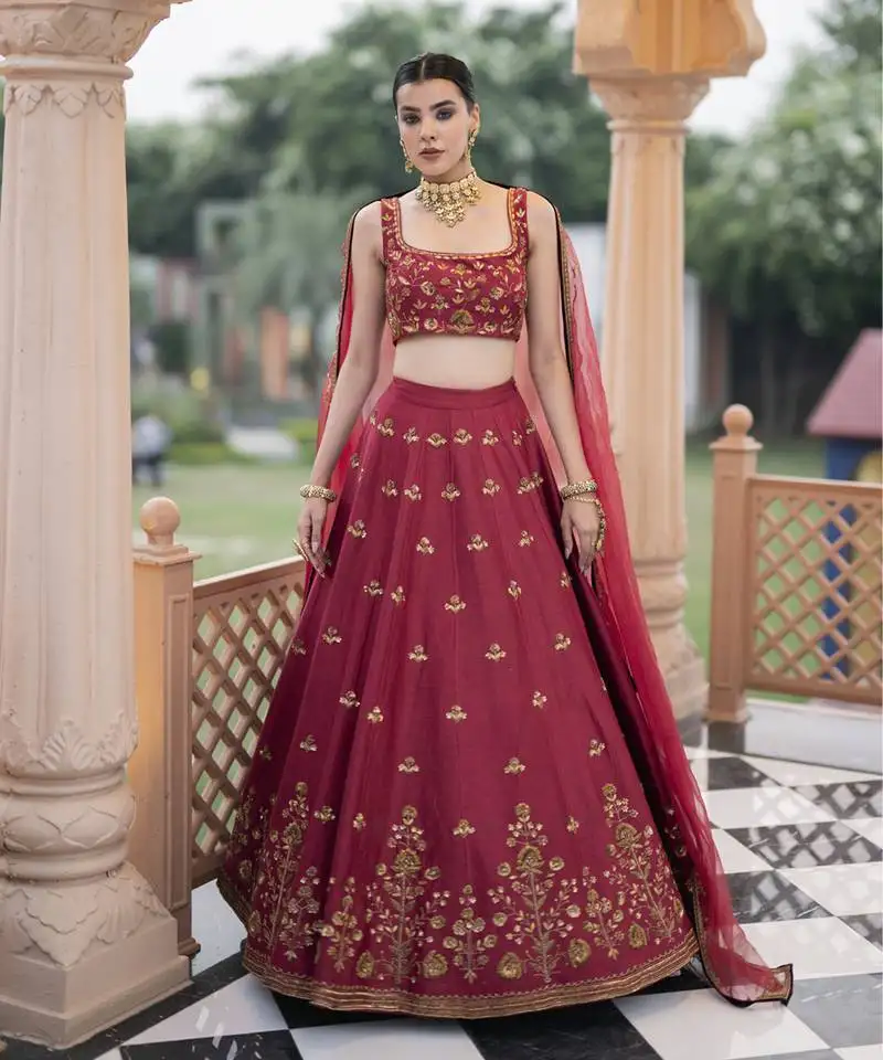 Maroon chanderi embroidered lehenga set