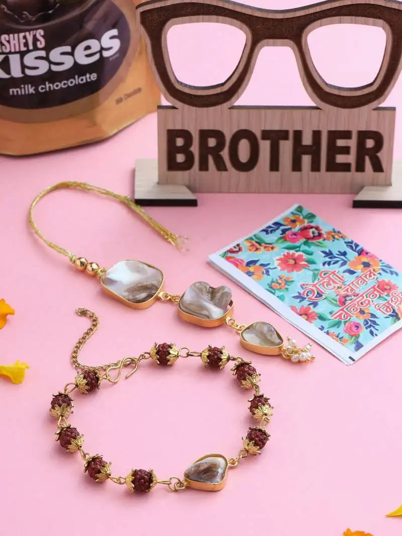 Set of 2 gold toned rudraksh & pearls bhaiya bhabhi rakhi set, combo for rakshabandhan