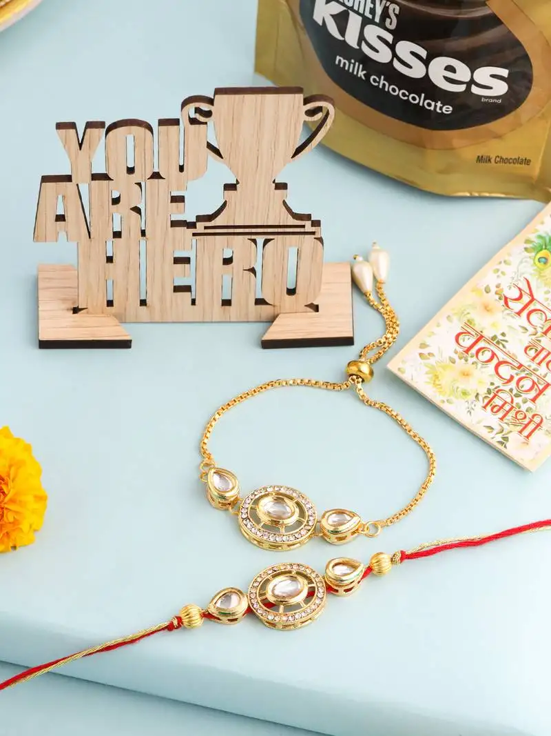 Set of 2 gold toned kundan studded bhaiya bhabhi rakhi set, combo for rakshabandhan