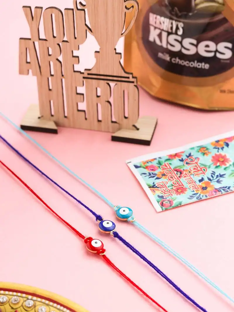 Set of 3 multicolor evil eye men's thread rakhi, combo for rakshabandhan