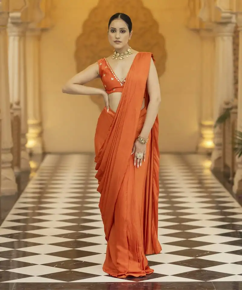 Orange floral printed saree