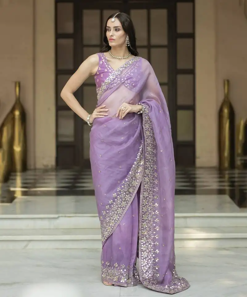 Lavender floral printed pleated saree