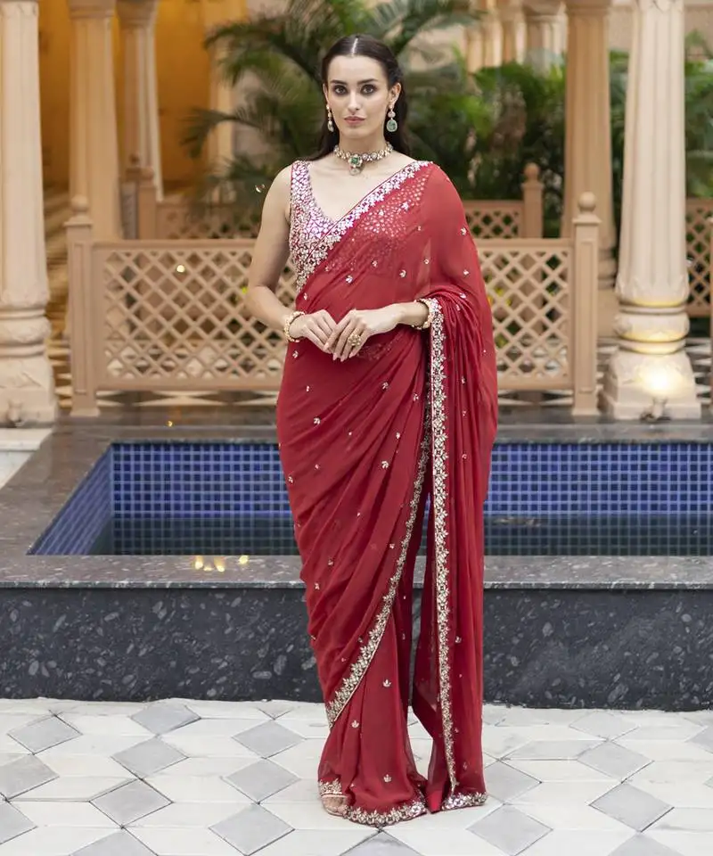 Red floral printed saree