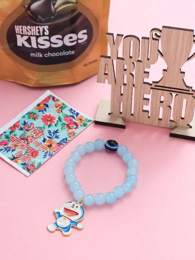 Kids cartoon design sky blue artificial beads thread rakhi, combo for rakshabandhan