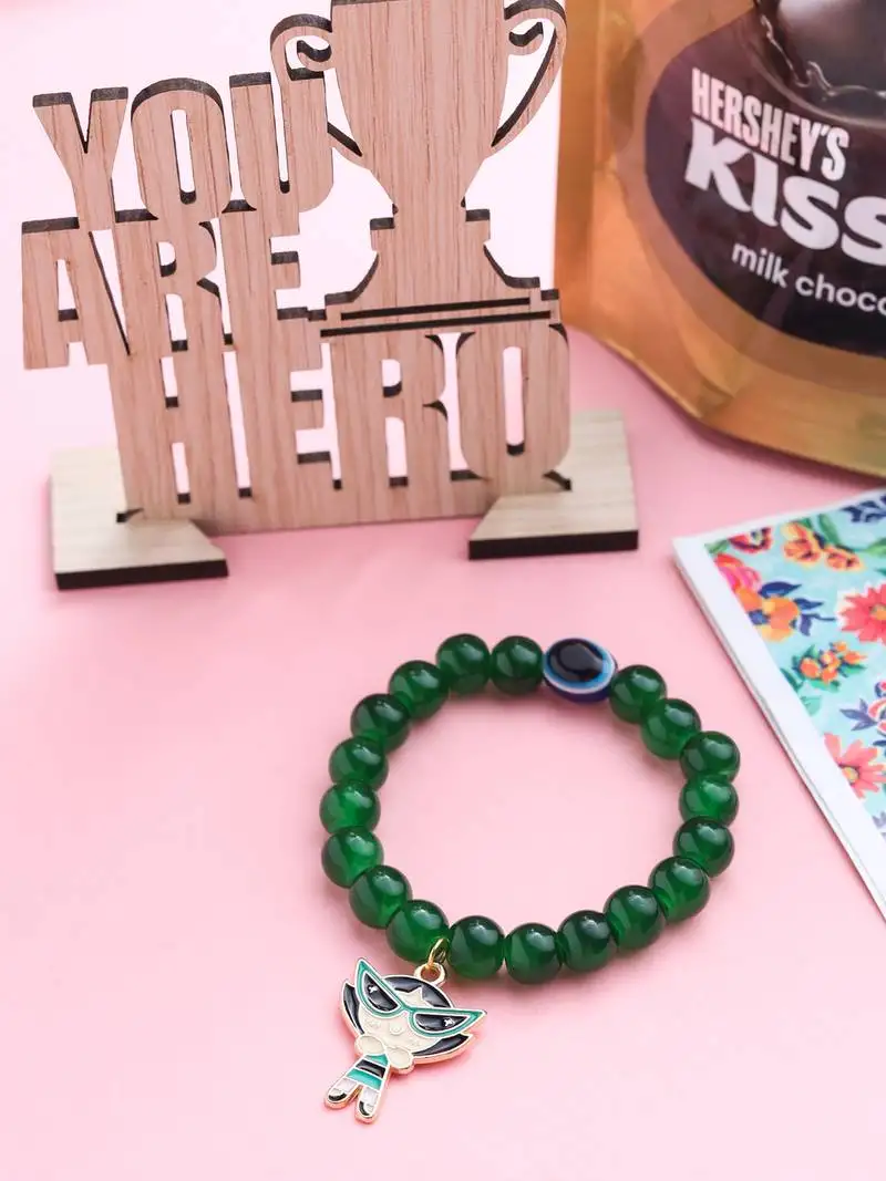 Kids cartoon design green artificial beads thread rakhi, combo for rakshabandhan