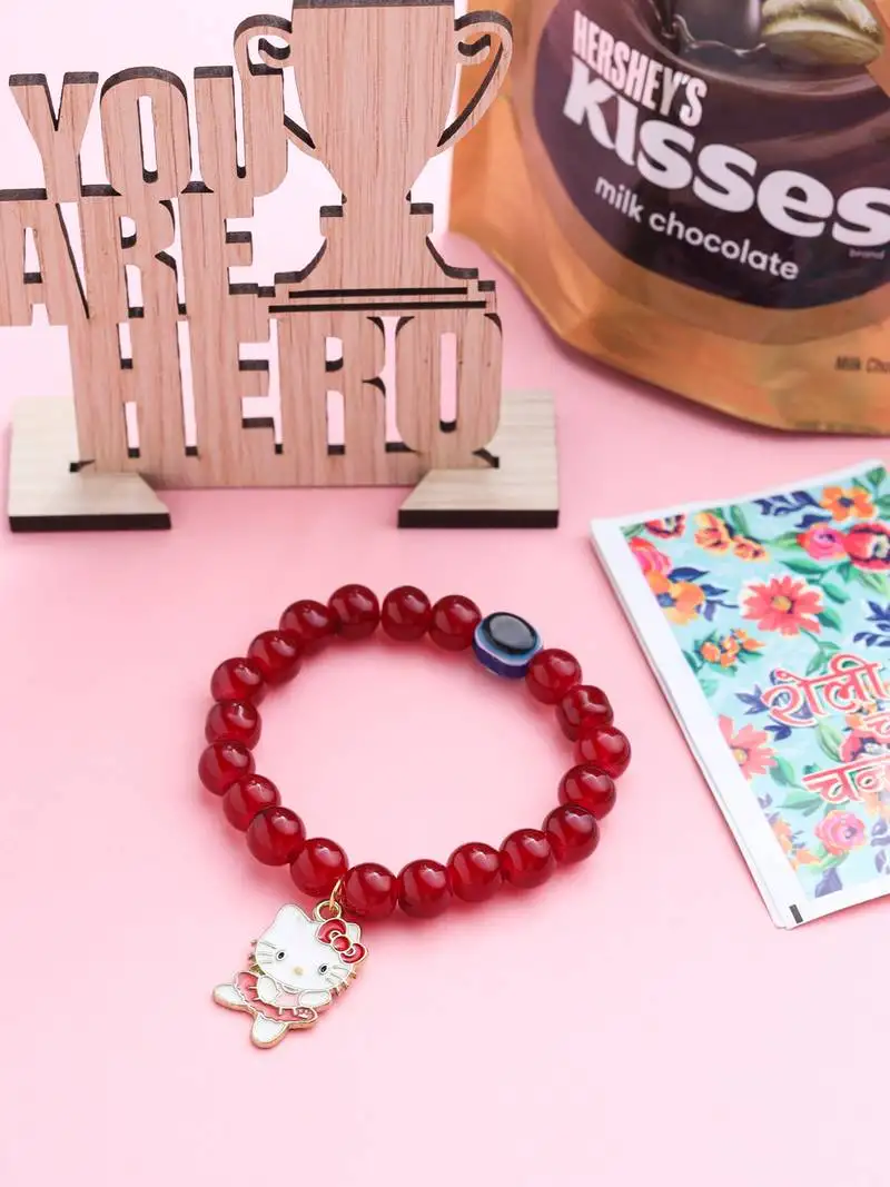 Kids cartoon design maroon artificial beads thread rakhi, combo for rakshabandhan