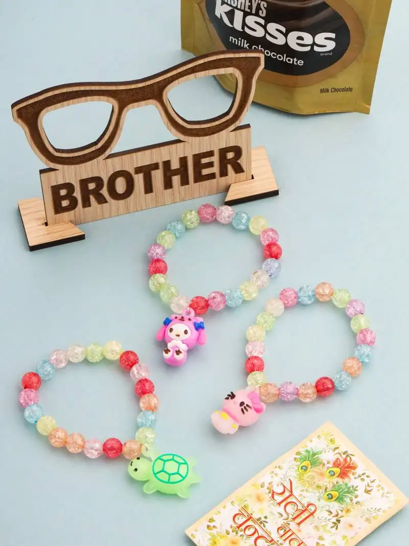 Kids set of 3 cartoon design artificial beads thread rakhi, combo for rakshabandhan