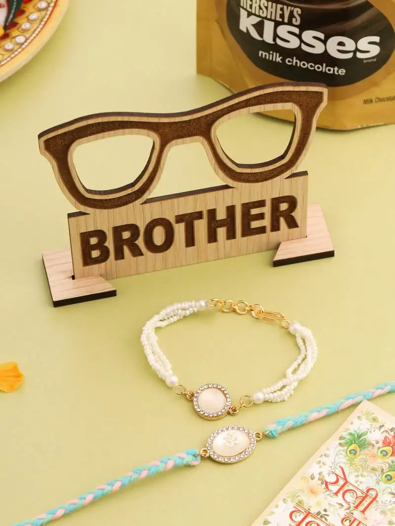 Set of 2 white pearls & artificial beads bhaiya bhabhi rakhi set, combo for rakshabandhan