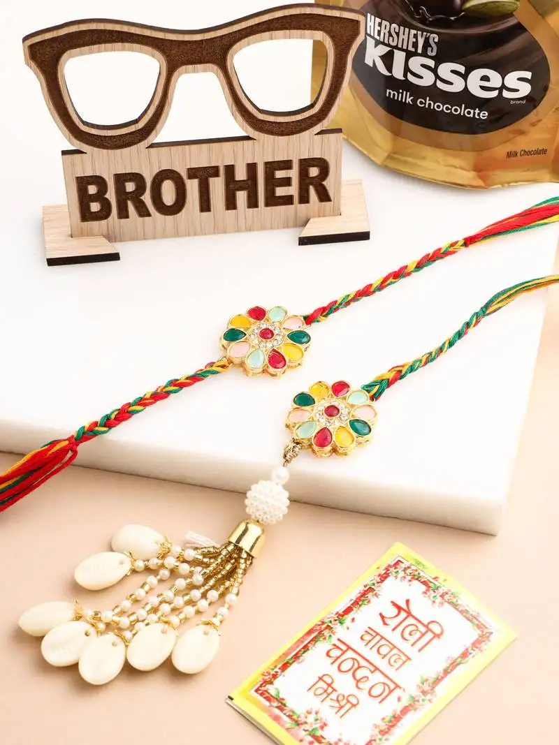 Set of 2 artificial beads & sea shell floral design bhaiya bhabhi rakhi combo
