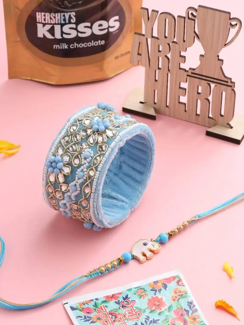 Set of 2 blue artificial stones & beads floral bhaiya bhabhi rakhi combo