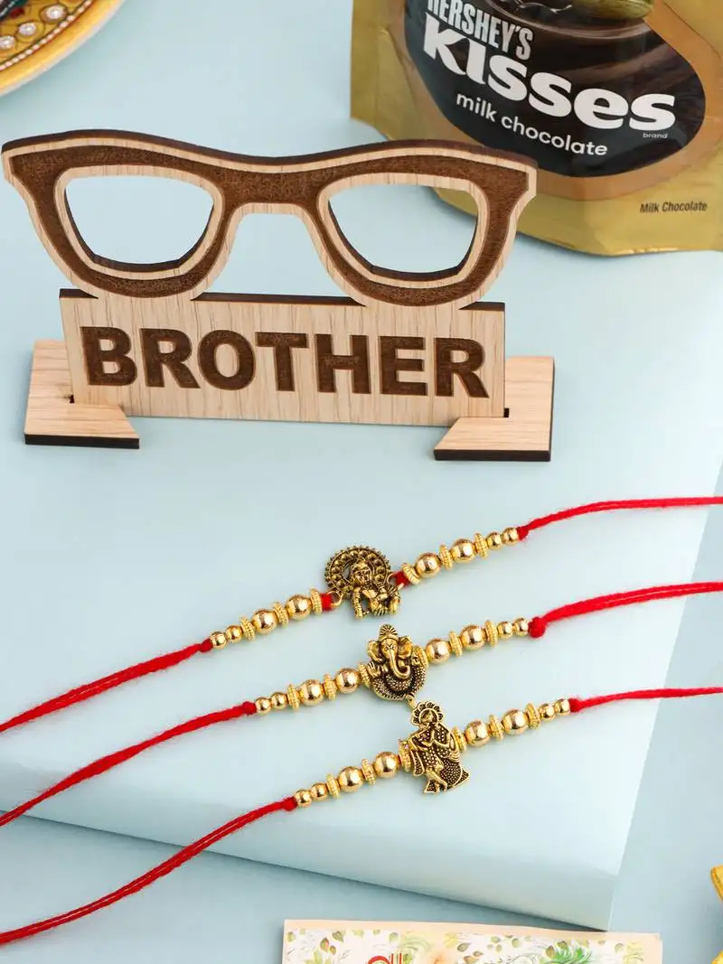 Men set of 3 gold toned designer ganesh ji thread rakhi, combo for rakshabandhan
