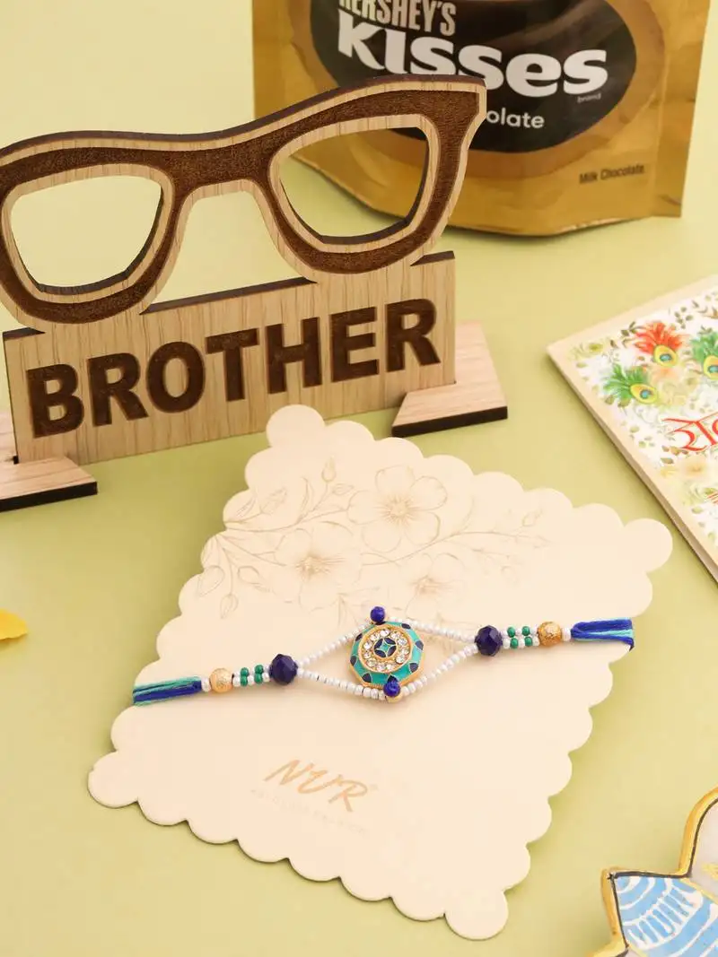 Men blue artificial stones & beads floral design thread rakhi combo